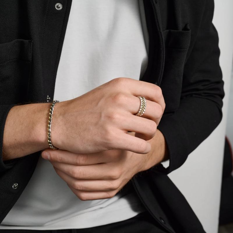 7MM Two Tone Ripple Link Band Mens Stainless Steel Ring