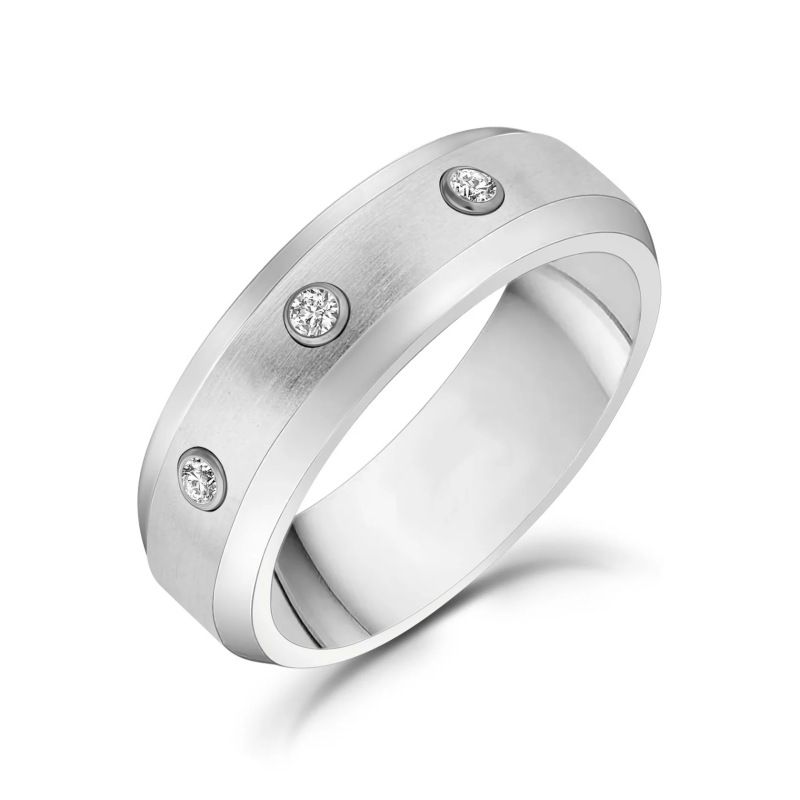 7MM Three Stones Beveled Edge Steel Band Ring