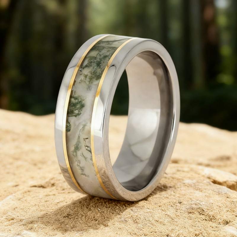 8MM Gold Titanium Moss Agate Men's Wedding Band 