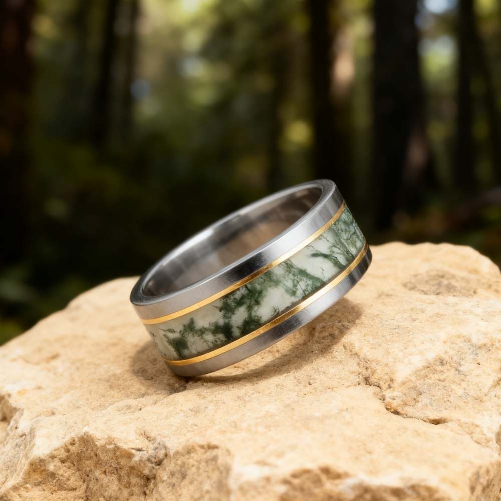 8MM Gold Titanium Moss Agate Men's Wedding Band 