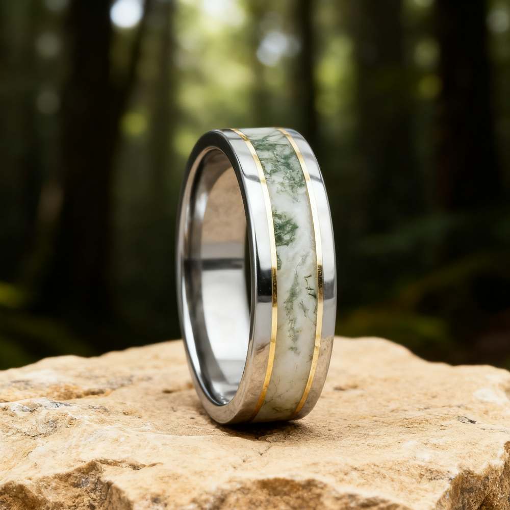 8MM Gold Titanium Moss Agate Men's Wedding Band 