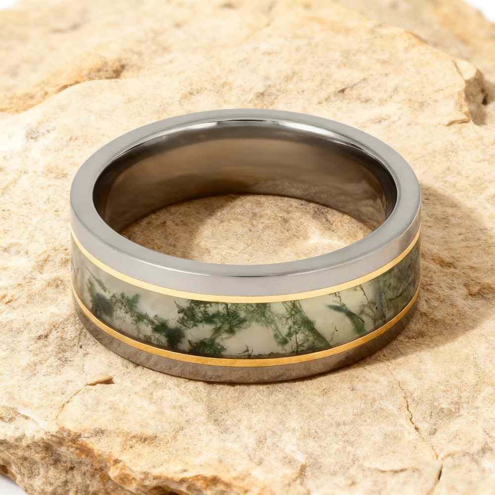 8MM Gold Titanium Moss Agate Men's Wedding Band 