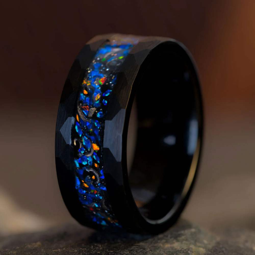 Opal & Meteorite fragments Tungsten Ring
