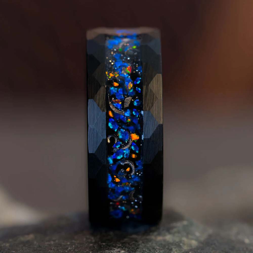 Opal & Meteorite fragments Tungsten Ring