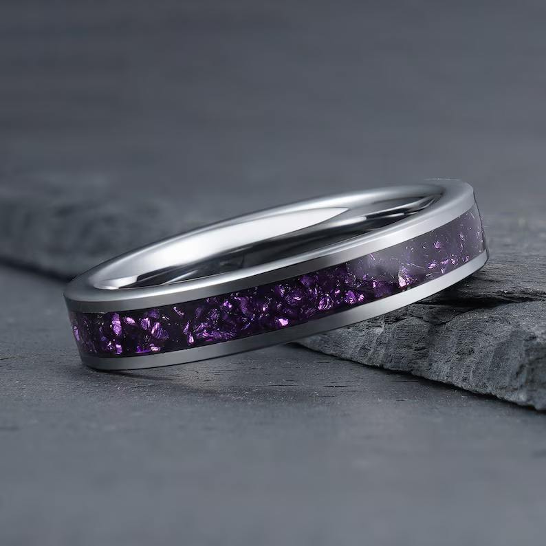 Mens Tungsten Purple Amethyst Ring