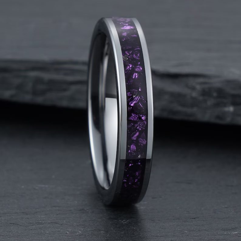 Mens Tungsten Purple Amethyst Ring