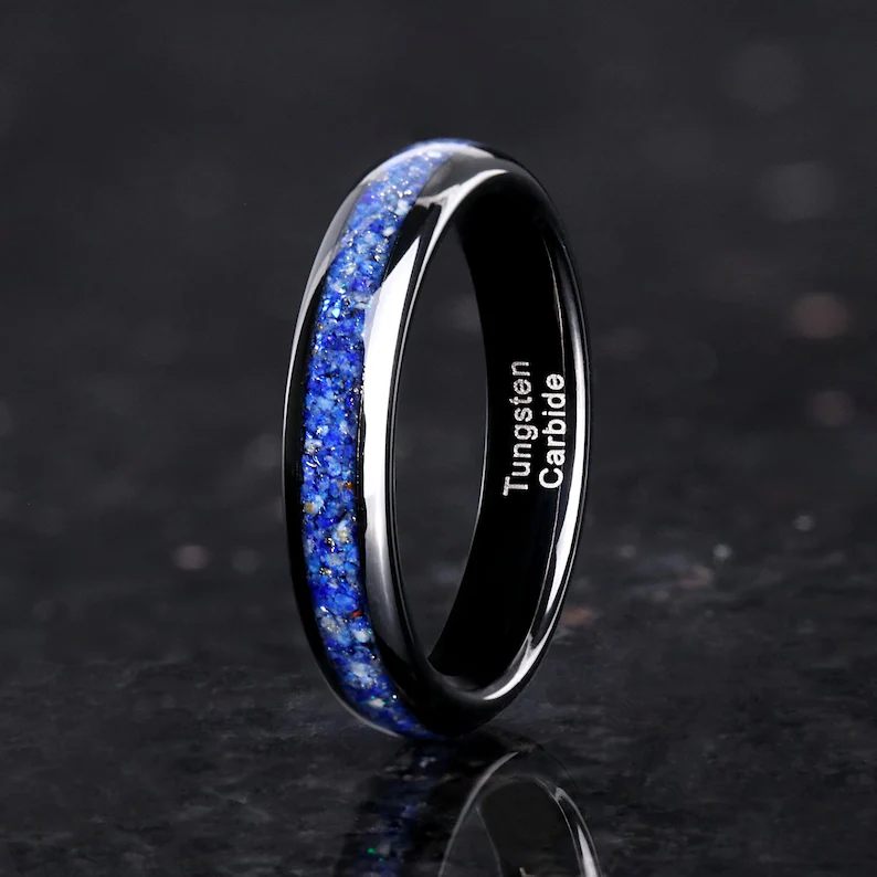 Mens 4mm Black Tungsten Celestial Blue Ring