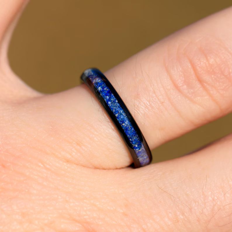 Mens 4mm Black Tungsten Celestial Blue Ring