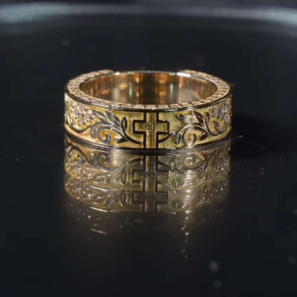 8MM Men's Tungsten Yellow Gold Flowing Floral Wedding Band