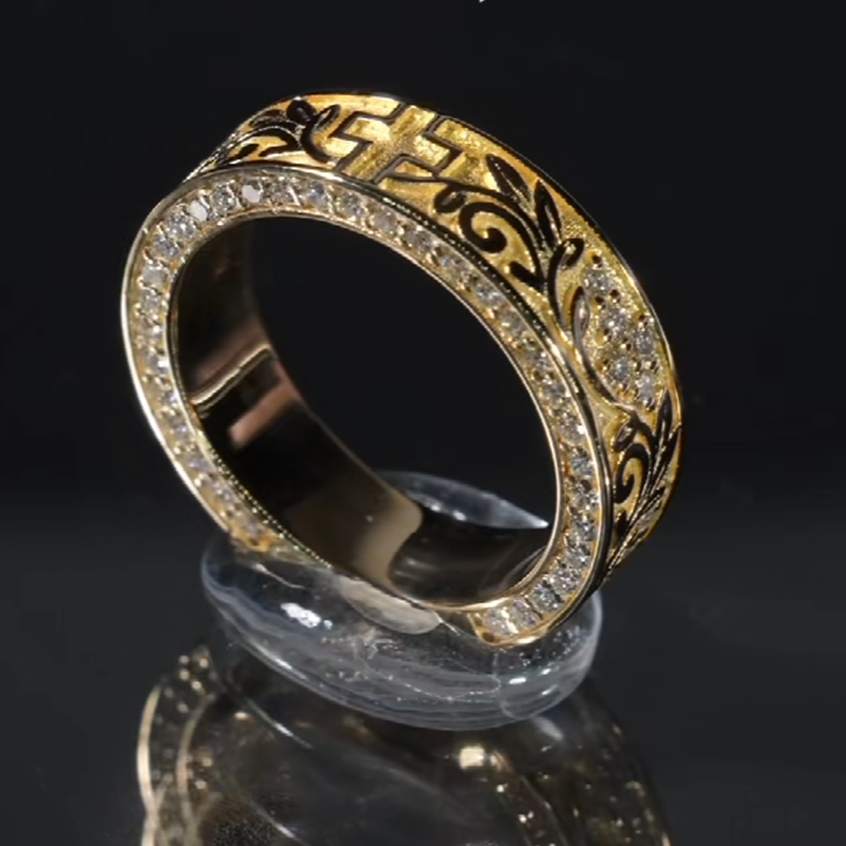 8MM Men's Tungsten Yellow Gold Flowing Floral Wedding Band