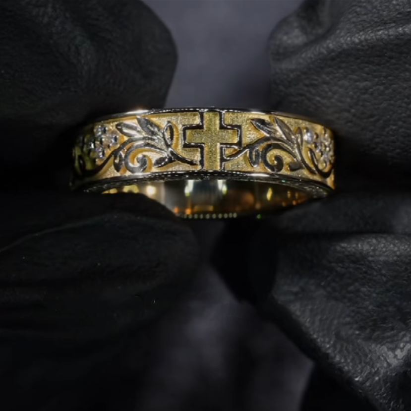 8MM Men's Tungsten Yellow Gold Flowing Floral Wedding Band