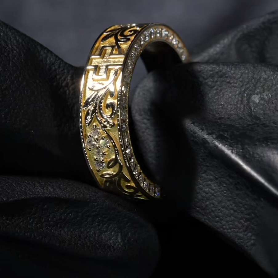 8MM Men's Tungsten Yellow Gold Flowing Floral Wedding Band