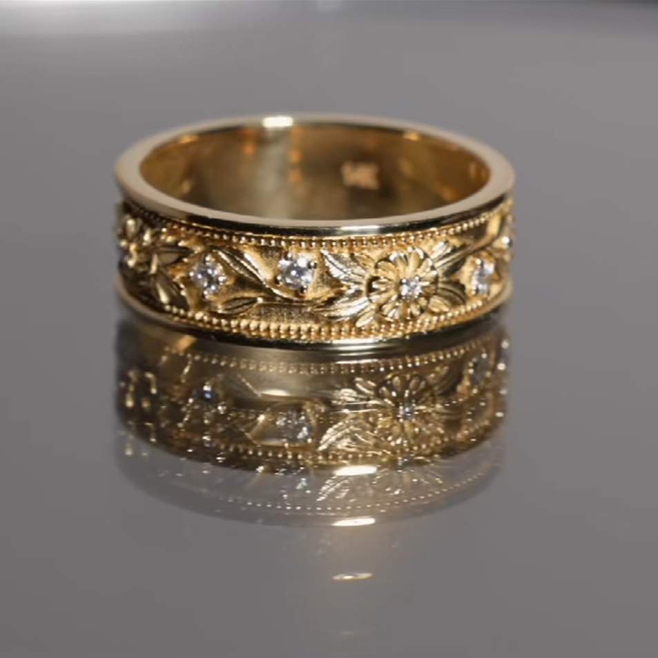 Men's 925 Sterling Silver Yellow Gold Floral Wedding Band