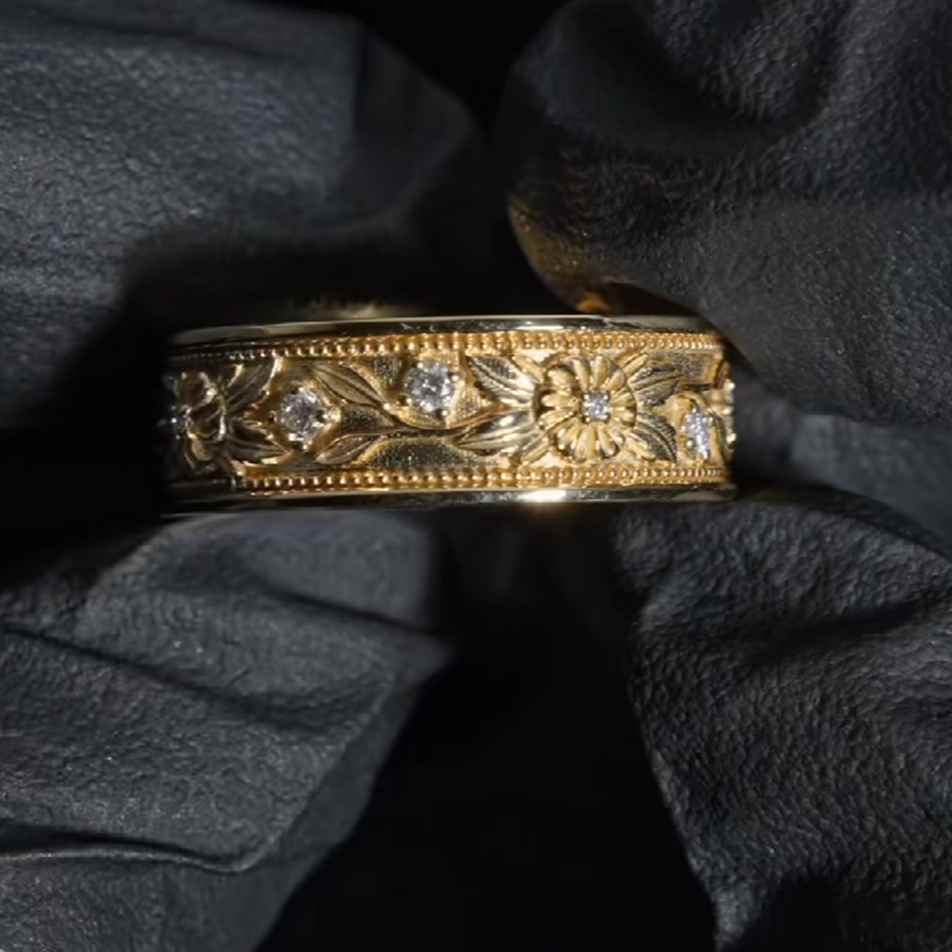 Men's 925 Sterling Silver Yellow Gold Floral Wedding Band