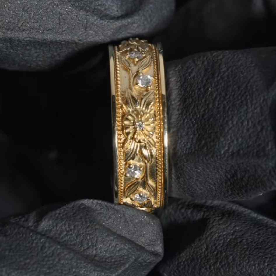 Men's 925 Sterling Silver Yellow Gold Floral Wedding Band