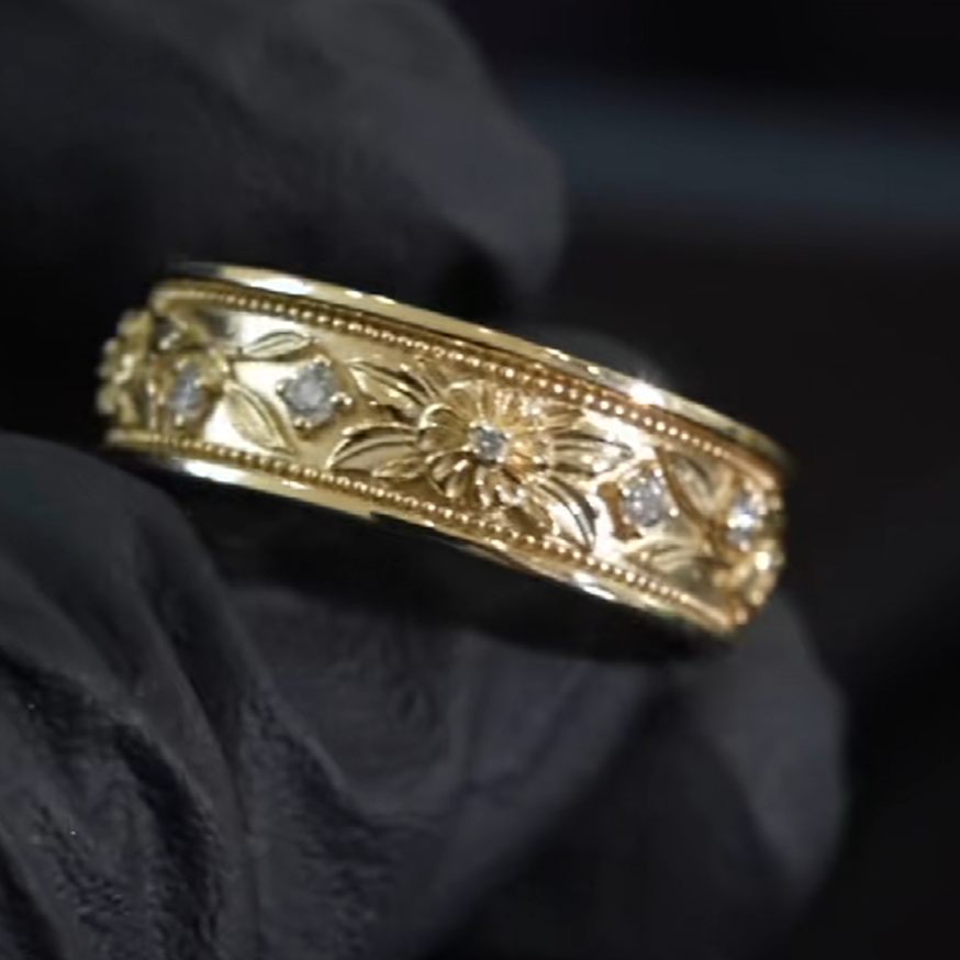 Men's 925 Sterling Silver Yellow Gold Floral Wedding Band