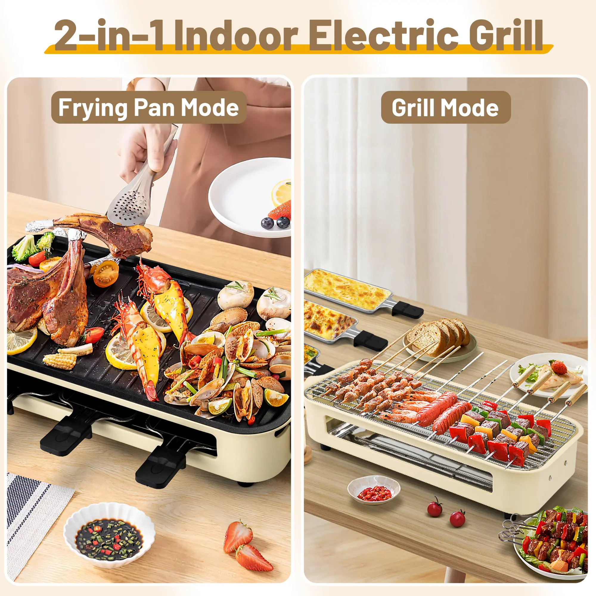 Kitchen-Specific 2-in-1 Electric Grill Equipped with a Grill Rack and a Detachable Non-Stick Griddle.