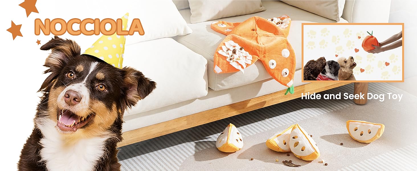 Nocciola 5-in-1 Orange Dog Enrichment Toys, 4 Orange Slices with a Peel Snuffle Mat for Treats Hunting Fun, Squeaky Hide and Seek Puzzle Dog Toy for Medium Dogs