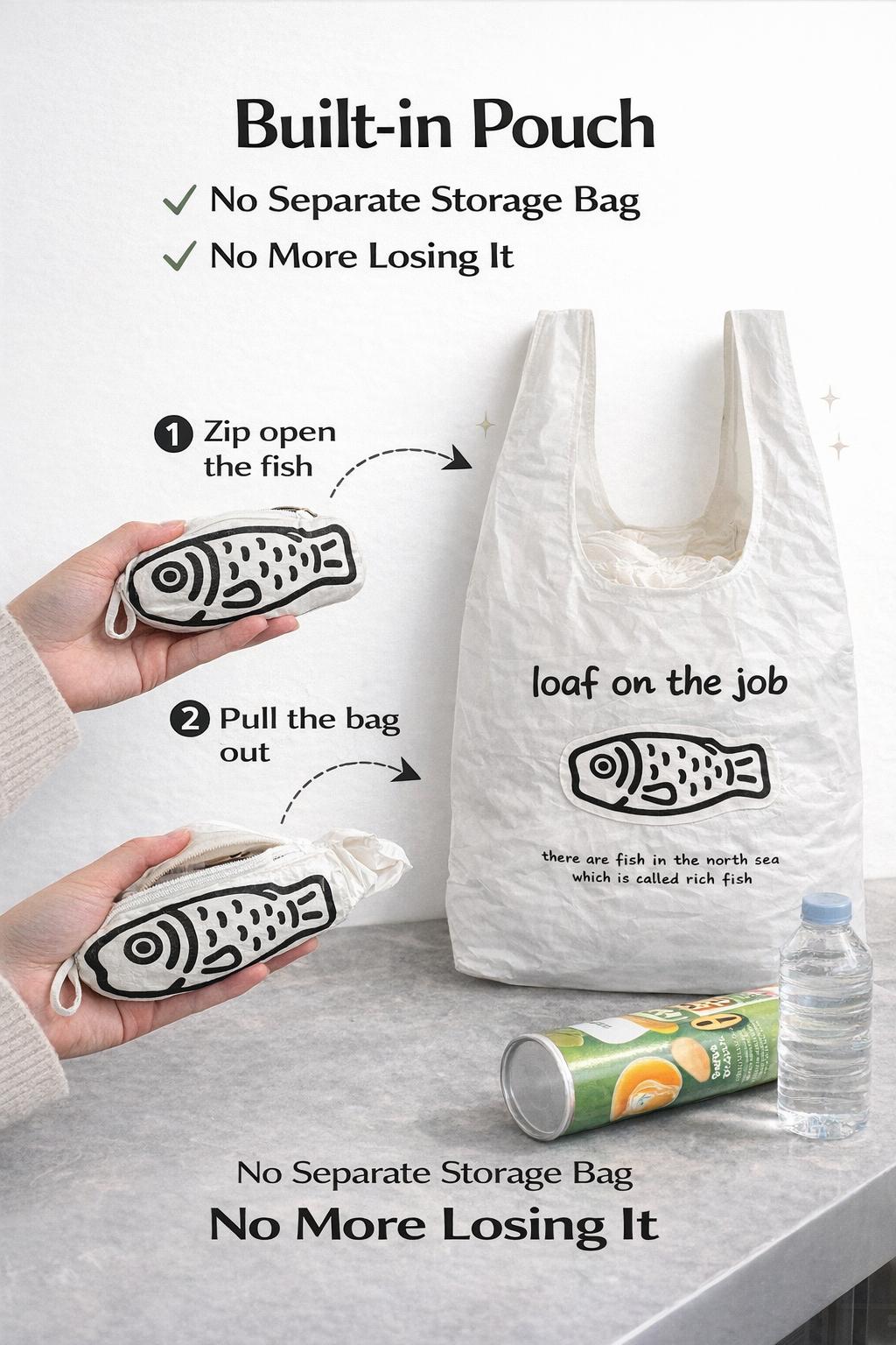 Pocket Fish Foldable Reusable Shopping Bag, Compact Pendant Tote, Lightweight Nylon Grocery Bag