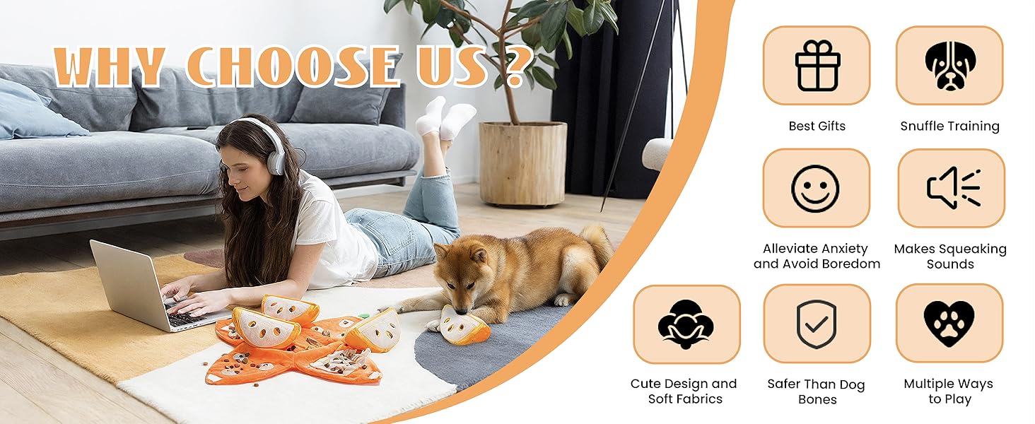 Nocciola 5-in-1 Orange Dog Enrichment Toys, 4 Orange Slices with a Peel Snuffle Mat for Treats Hunting Fun, Squeaky Hide and Seek Puzzle Dog Toy for Medium Dogs
