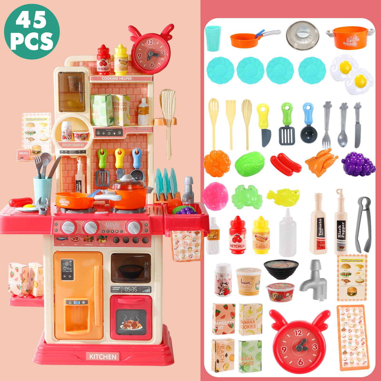 45pcs Kids Kitchen Playset with Sound and Light, Includes Cooking Stove, Play Sink, and Kitchen Accessories, Pretend Play Kitchen for Toddlers