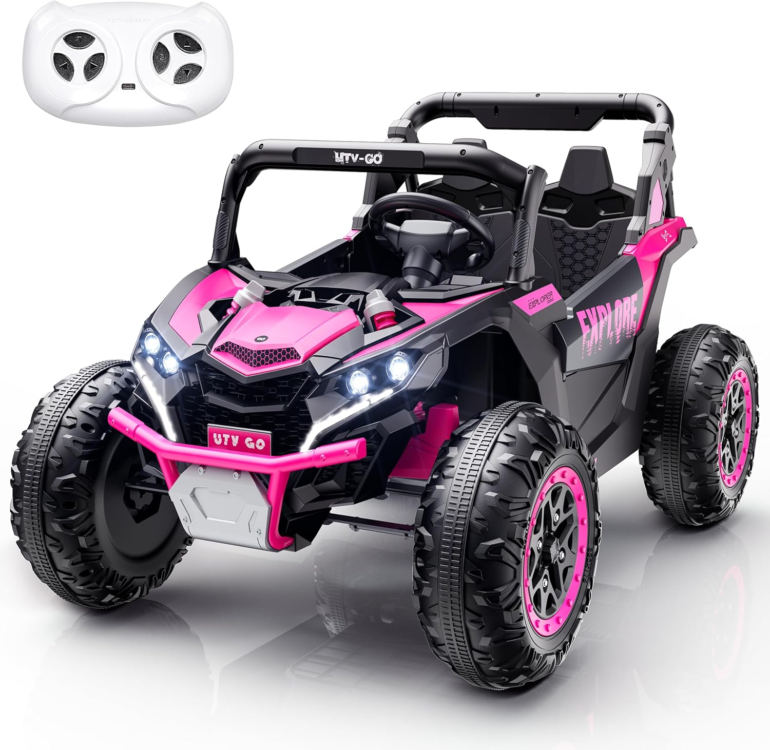 🎉Grand Opening – 50% Off!⏰️ 2 Seater Kids Ride on Car, Electric 4WD Off-Road UTV Truck, 7Ah Large Battery Kids Electric Car with Remote Control, Safety Belt, Horn, Music, and Lights for Aged 3-8 Years Blue