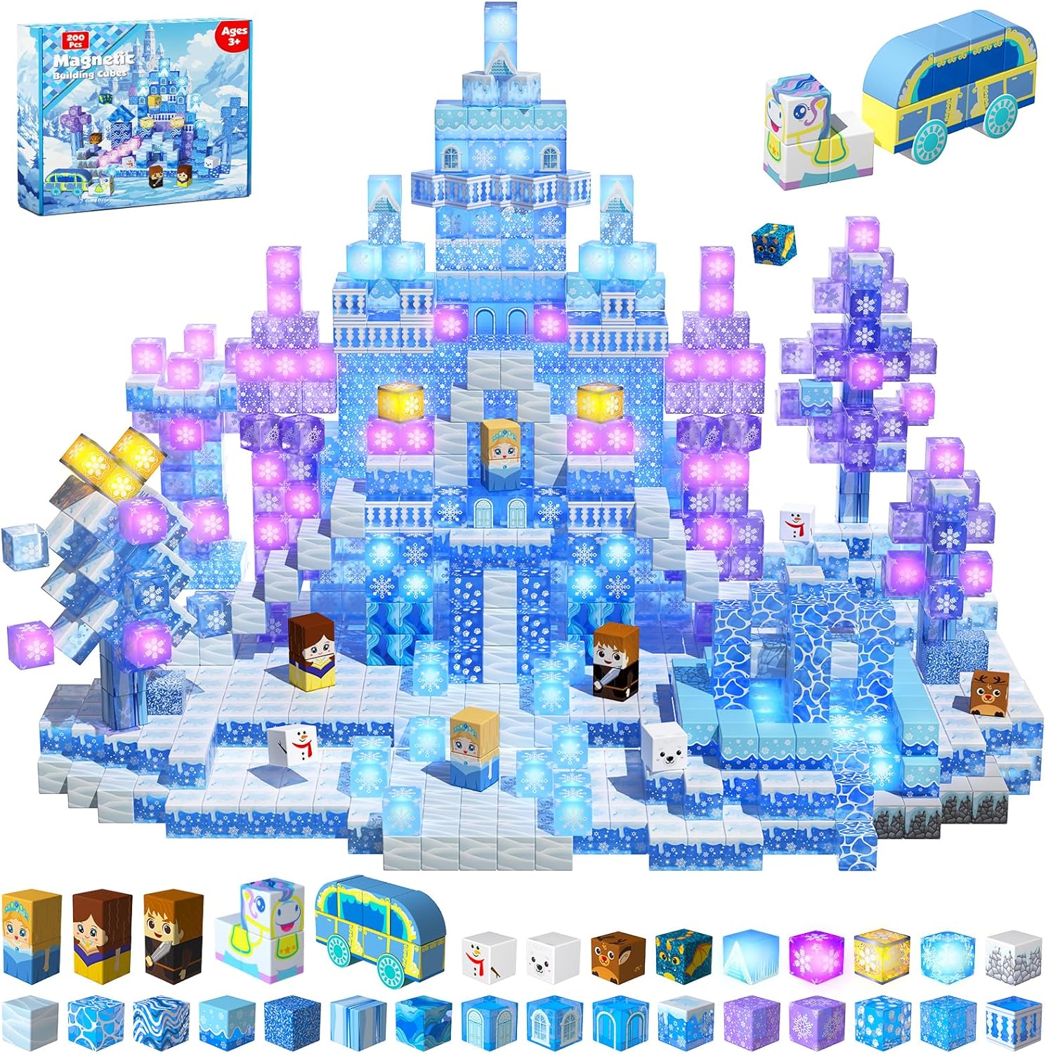 Magnetic Blocks - 100Pcs 0.8in Magnetic Building Block for Kids Ages 4-8, Transparent Magnet Block Blue Princess Castle, Magnet Cubes Tiles Princess Toy for Girl 3 4 5 6 7 8-12 Christmas Birthday Gift