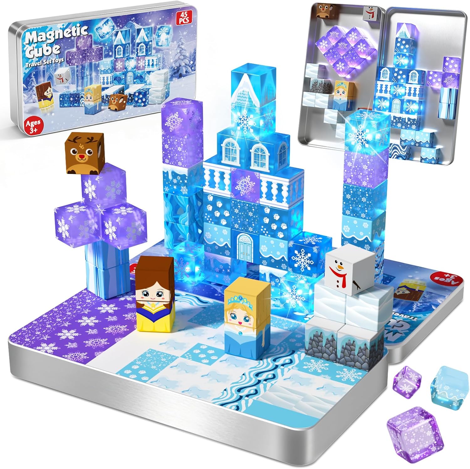 Magnetic Blocks - 100Pcs 0.8in Magnetic Building Block for Kids Ages 4-8, Transparent Magnet Block Blue Princess Castle, Magnet Cubes Tiles Princess Toy for Girl 3 4 5 6 7 8-12 Christmas Birthday Gift