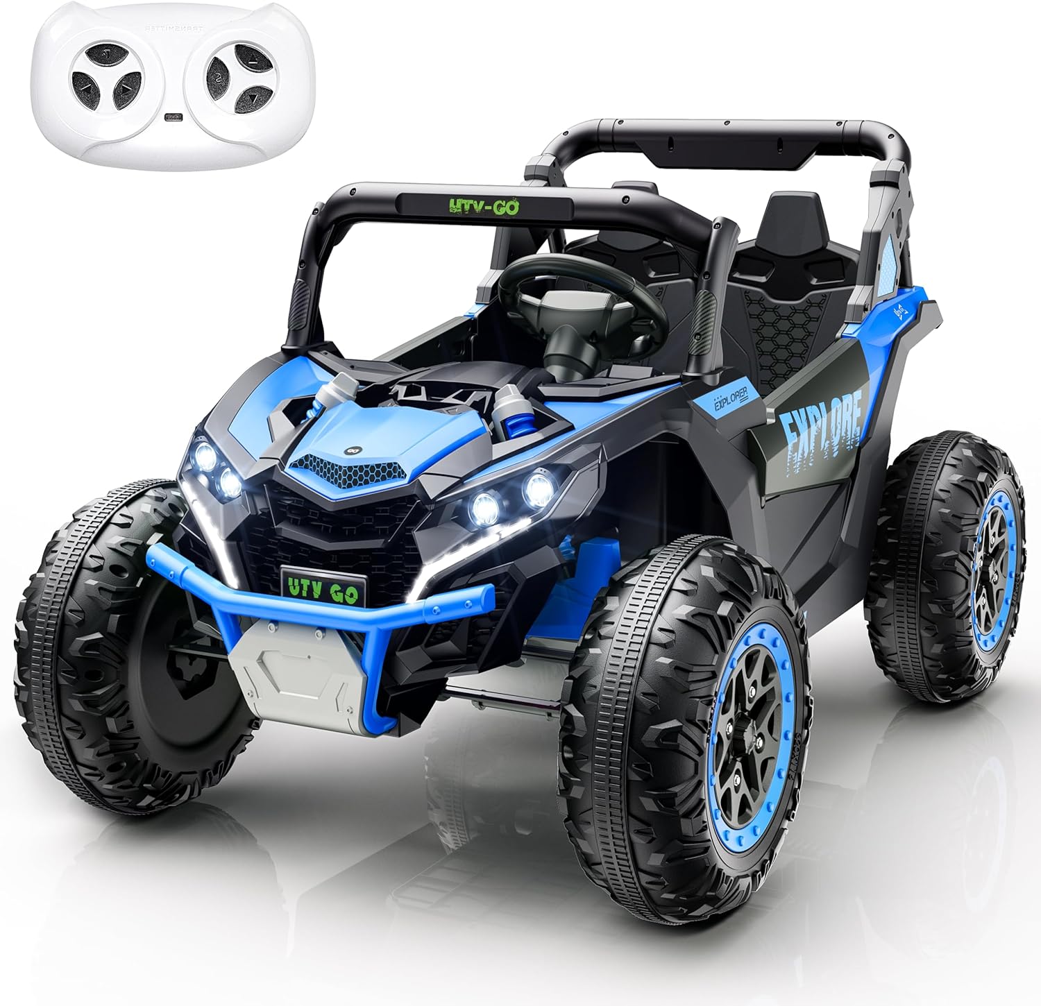 🎉Grand Opening – 50% Off!⏰️ 2 Seater Kids Ride on Car, Electric 4WD Off-Road UTV Truck, 7Ah Large Battery Kids Electric Car with Remote Control, Safety Belt, Horn, Music, and Lights for Aged 3-8 Years Blue