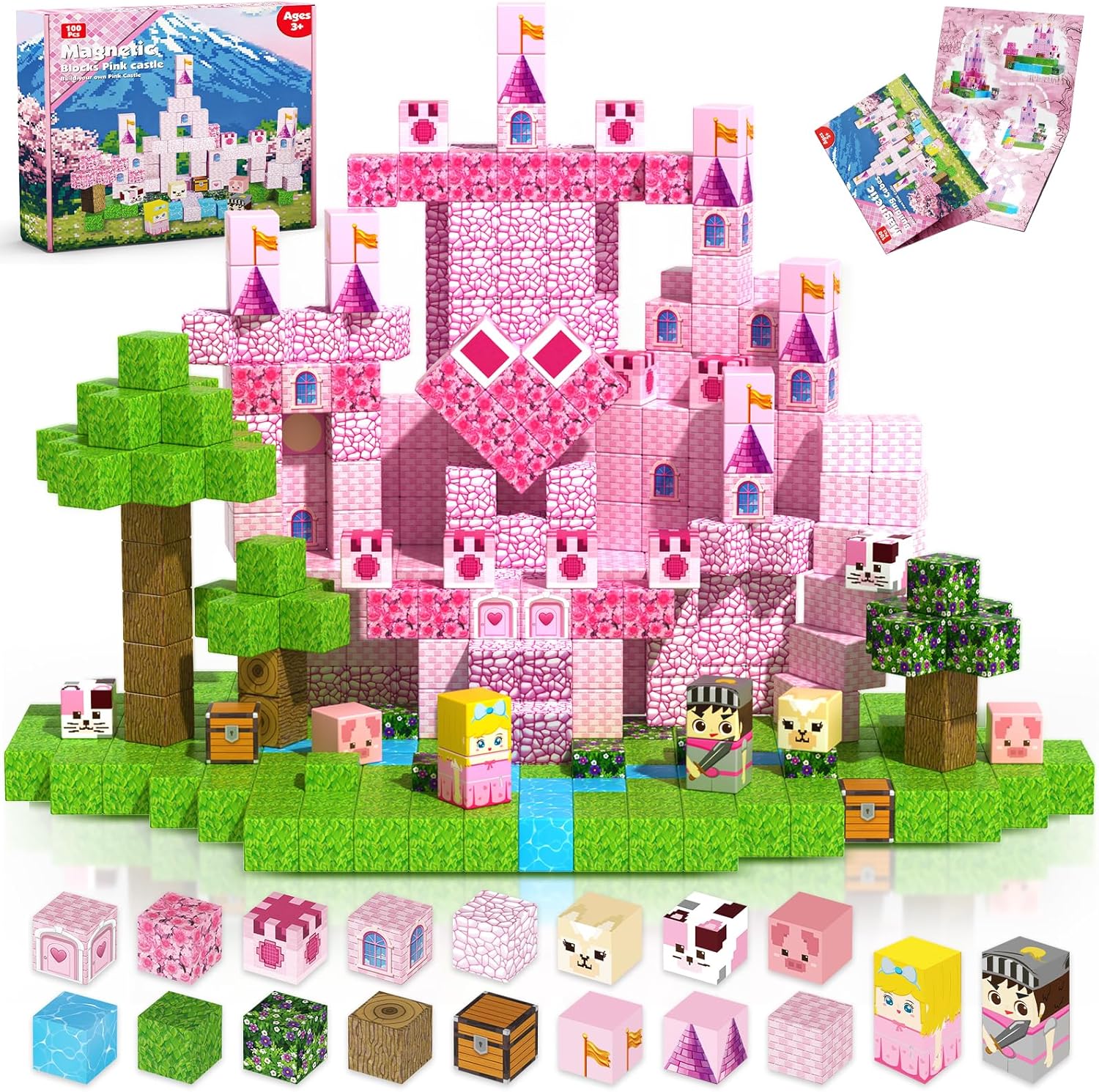 Magnetic Blocks - 100Pcs 0.8in Magnetic Building Block for Kids Ages 4-8, Transparent Magnet Block Blue Princess Castle, Magnet Cubes Tiles Princess Toy for Girl 3 4 5 6 7 8-12 Christmas Birthday Gift