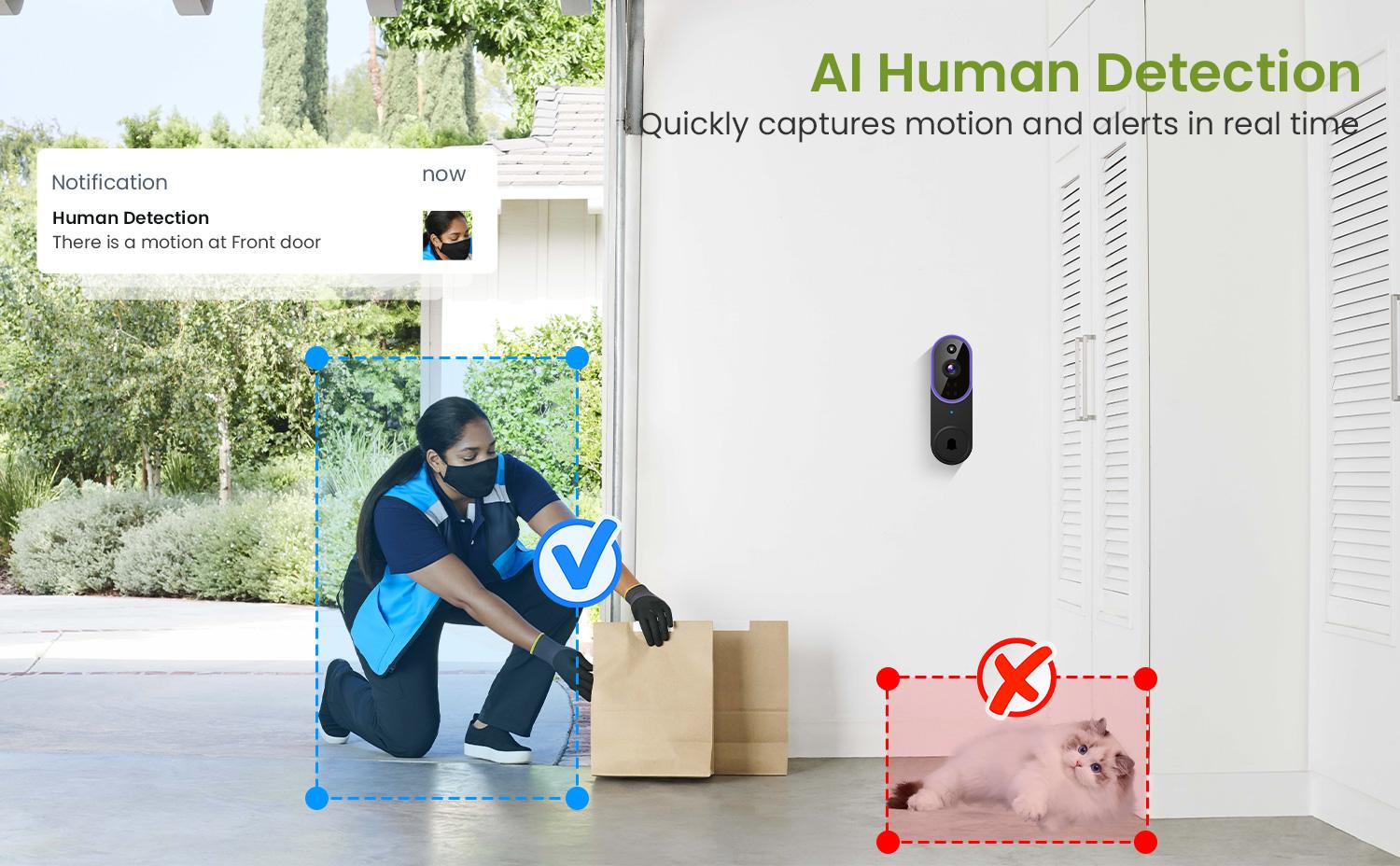 Wireless Video Doorbell Camera, Smart Security Doorbell Camera, 1080P, AI Human Detection , Night Vision, Instant Alert, Two Way Audio, 2.4G WiFi Only, Simple Installation and Rechargeable Battery, Cloud Storage, WiFi Camera