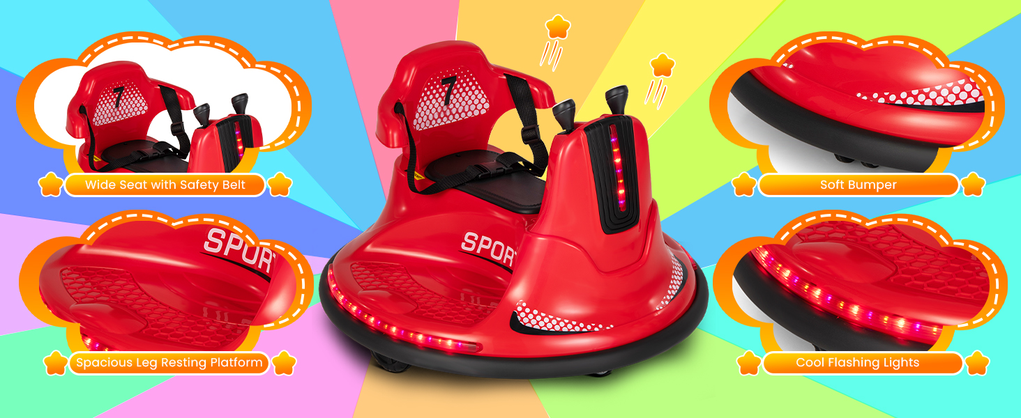 kids bumper car with safety belt, flashing lights