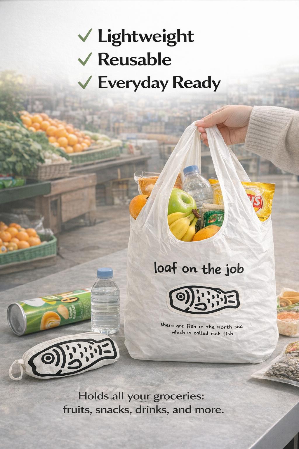 Pocket Fish Foldable Reusable Shopping Bag, Compact Pendant Tote, Lightweight Nylon Grocery Bag