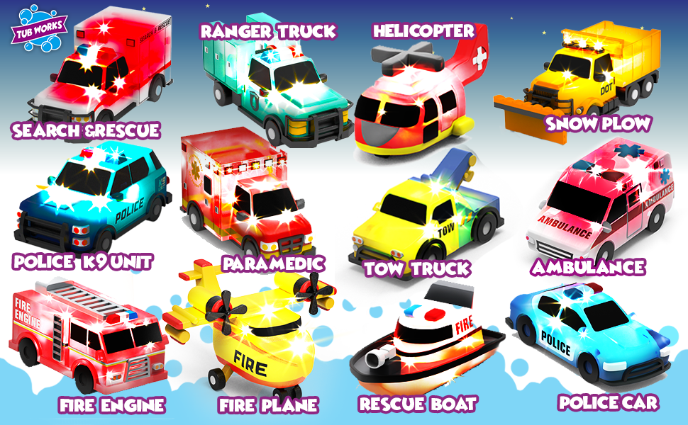 light up bath toys, emergency cars, baby bath toys