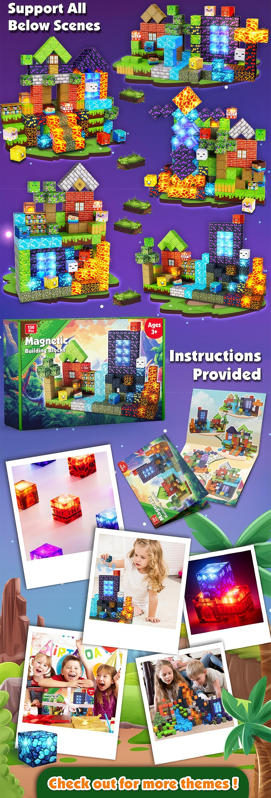 Magnetic Blocks-150PCS Magnetic Building,Portal Dinosaur Red Brick，Light Up Magnet Cubes, STEM Montessori Sensory Toys for Kids Boys Girls Ages 4-8 Christmas Birthday Gifts Multifunction