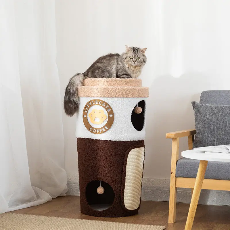 Coffee Cup Cat Tree House, Multi-functional for Cat Scratching and Sleeping, Cat Tower No Assembly Required, for Cats up to 20 lbs Kitten