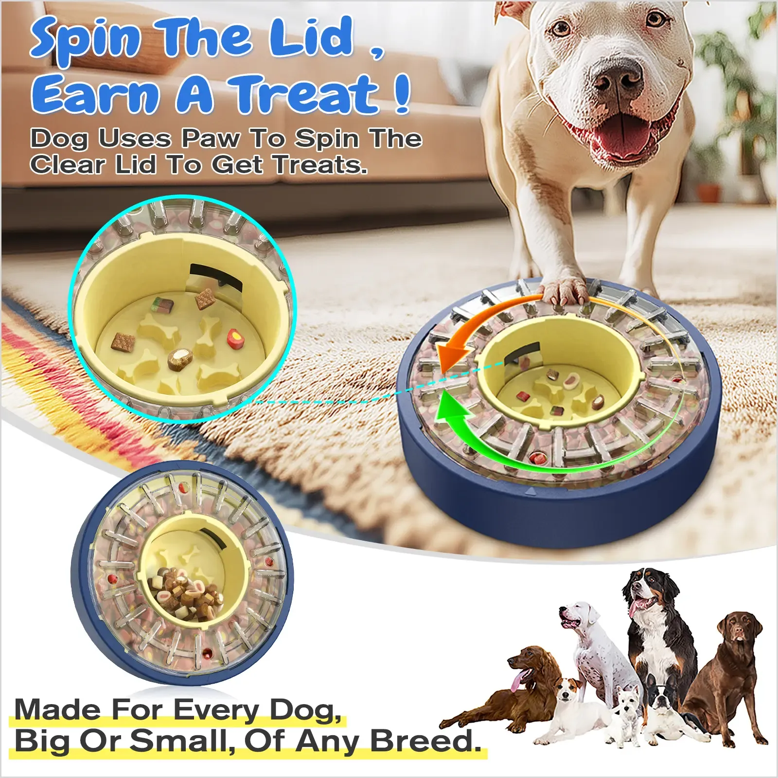 Large Size & Capacity Spinning Dog Puzzle Feeder, Actually Slows Down Eating to 5-60 Minutes, Anti-Gulping Mental Enrichment For Dogs, Treat & Food Dispenser Toy
