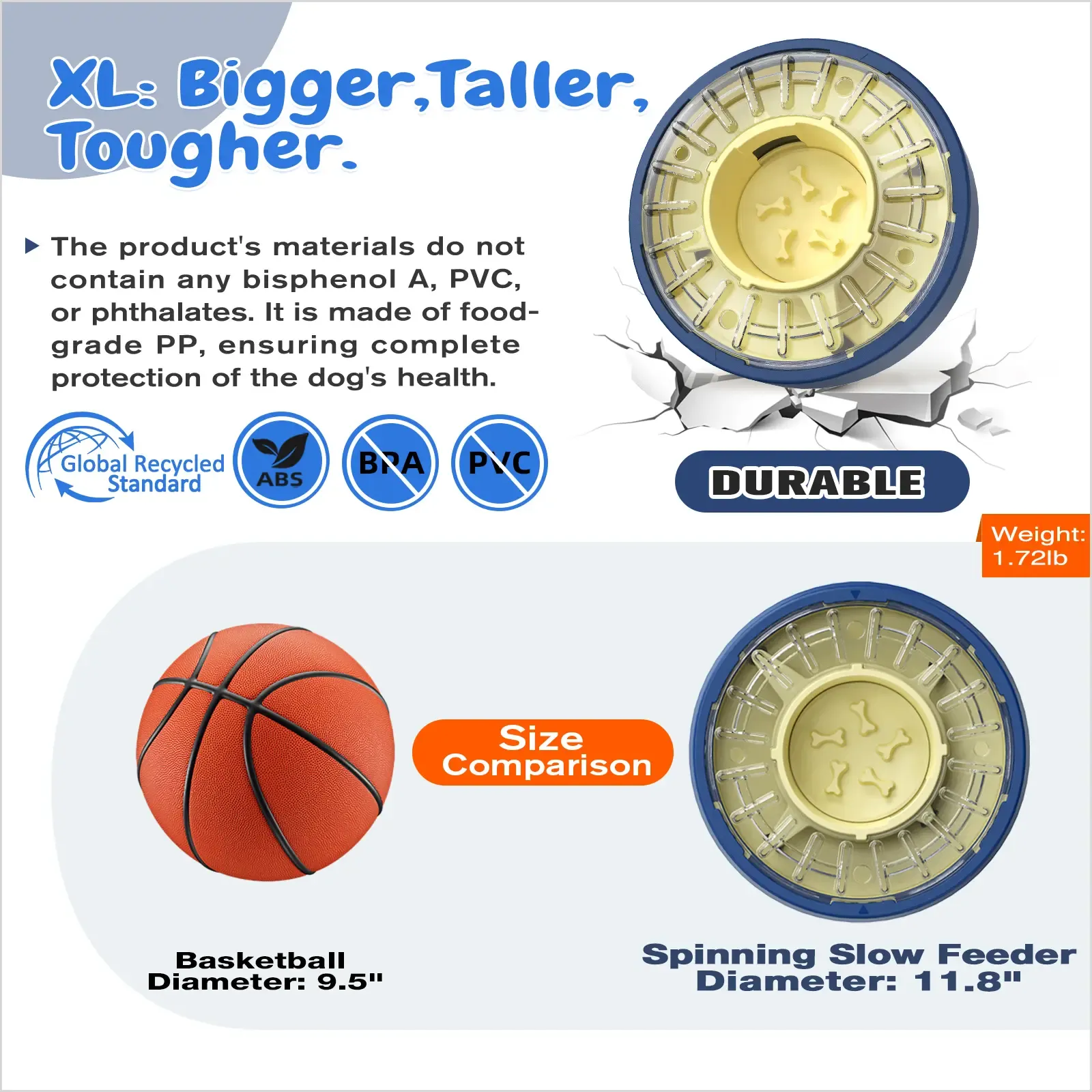 Large Size & Capacity Spinning Dog Puzzle Feeder, Actually Slows Down Eating to 5-60 Minutes, Anti-Gulping Mental Enrichment For Dogs, Treat & Food Dispenser Toy