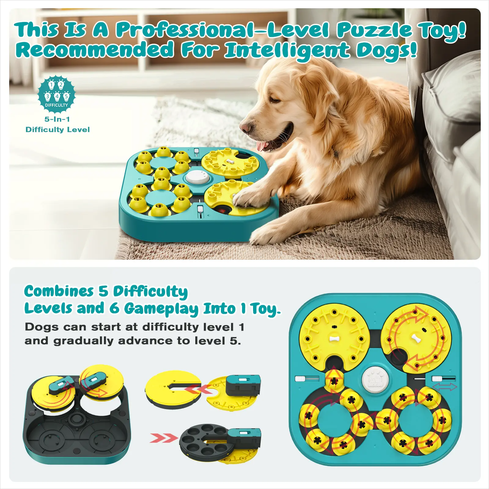 5 Levels of Step-by-Step Challenge - 6 Ways to Play - Extra-Large Size Beginner to Expert Dog Puzzle Toy for Smart Dogs
