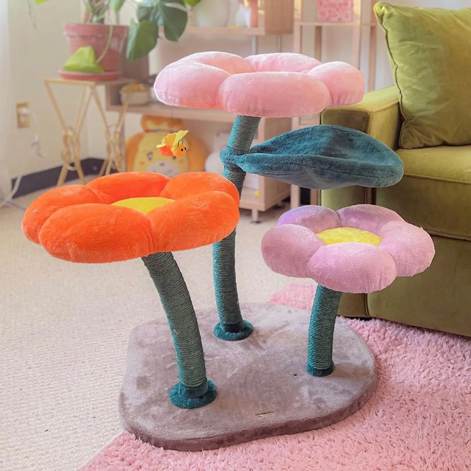Flower Cat Tree Tower for Multi-Cat Household, Large Floral Platforms for Indoor Cats up to 30lbs with Interactive Bee Toy Scratching Posts