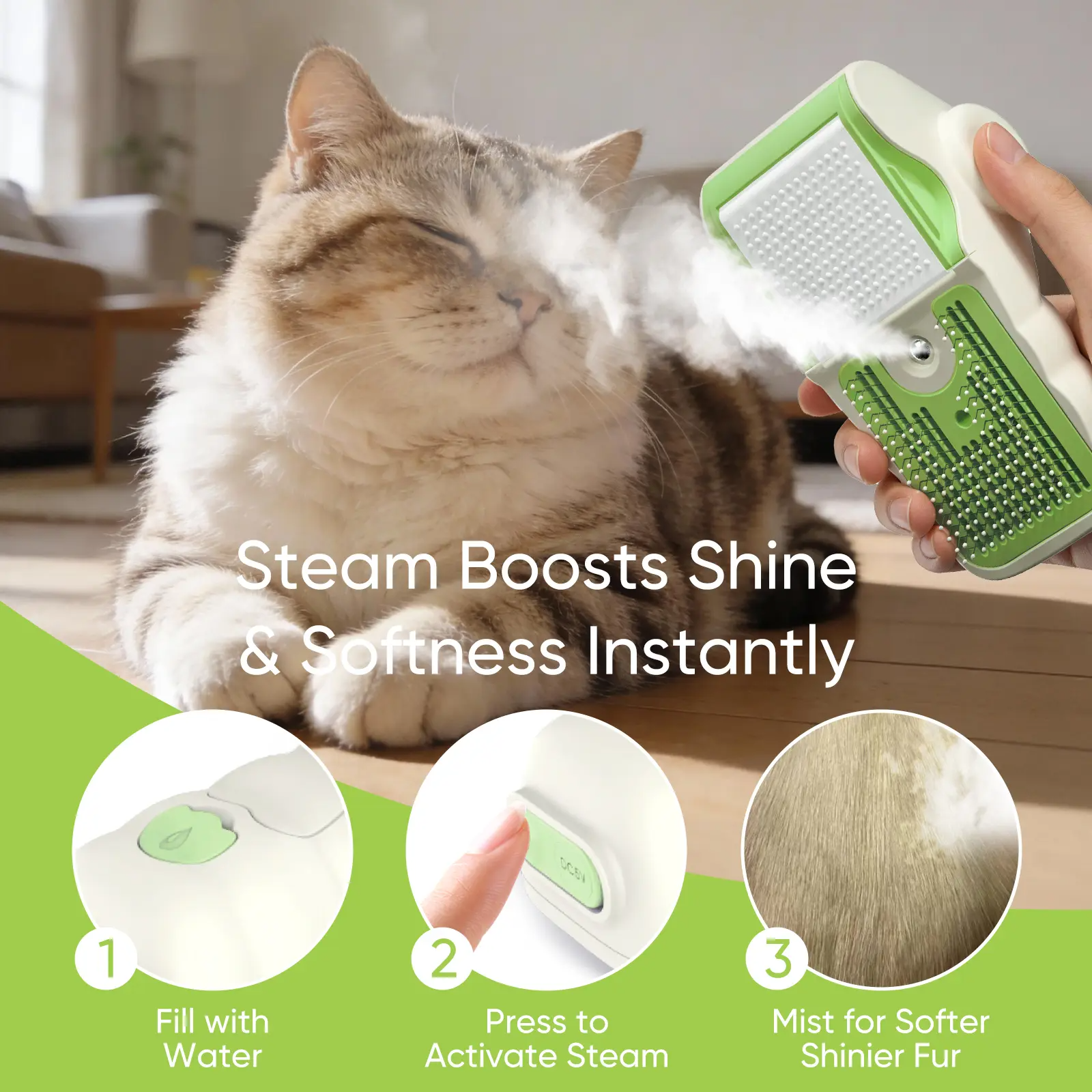4-in-1 Steam Pet Brush for Dogs & Cats – Self Cleaning Deshedding Grooming Brush with Steam & Wipe Feature