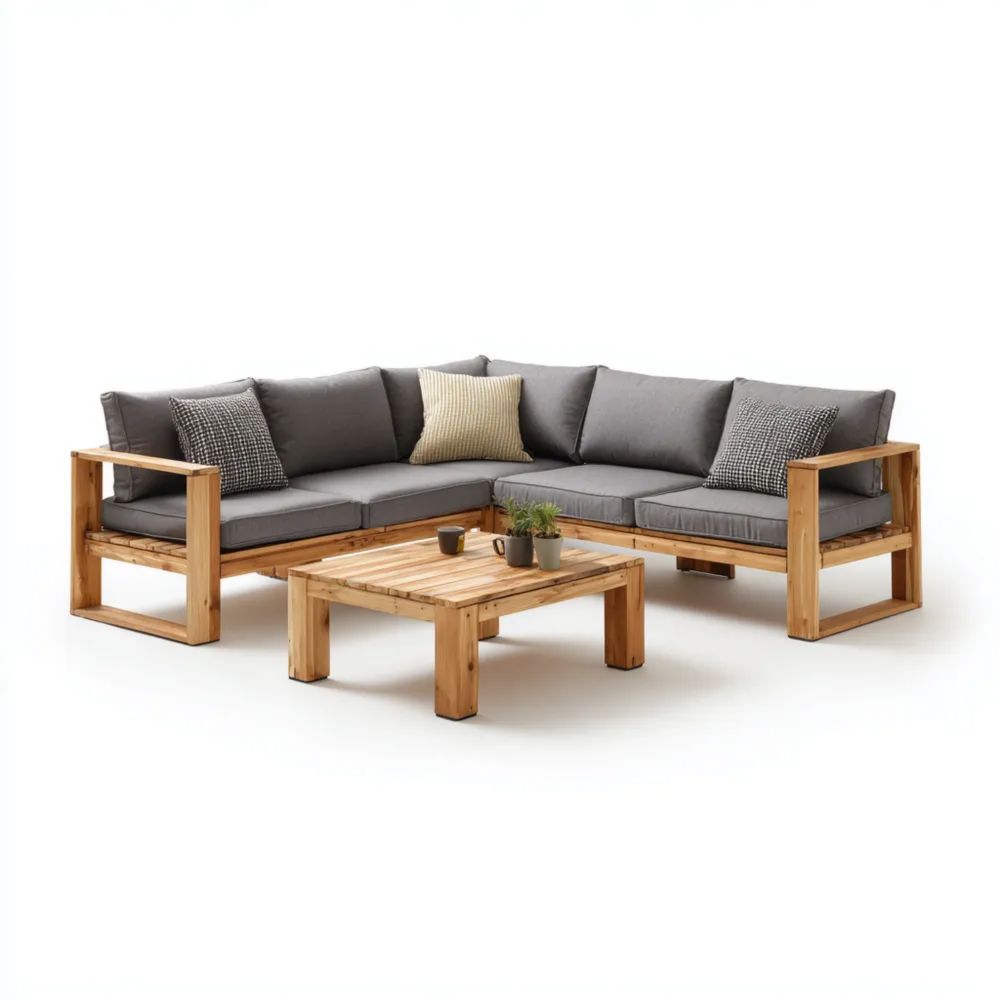 Divano angolare da esterno 250x250x70 cm in legno con cuscini Grigi – Design moderno