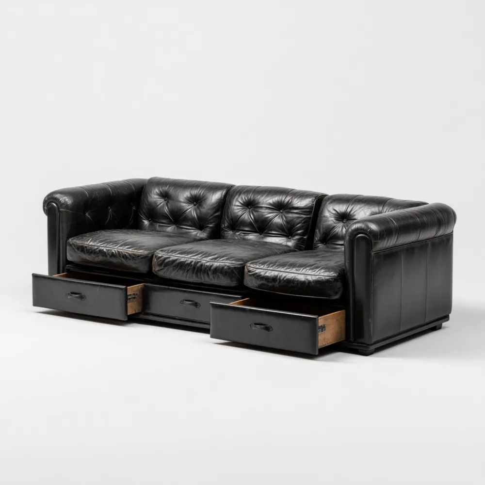 Divano a tre posti in pelle 210x85x75 cm con cassetti - Nero - Design classico