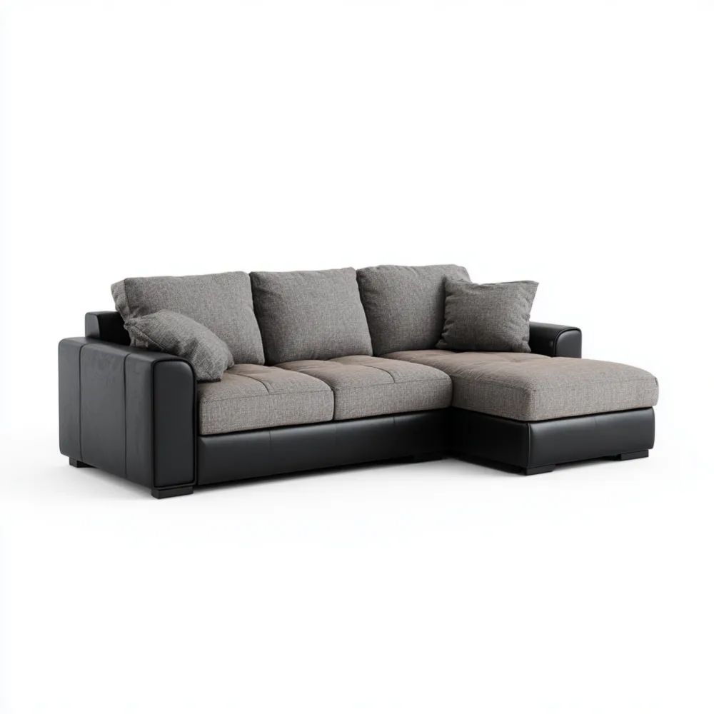 Divano Angolare Imbottito in Tessuto e Pelle 250x150x80 cm – Grigio/Nero