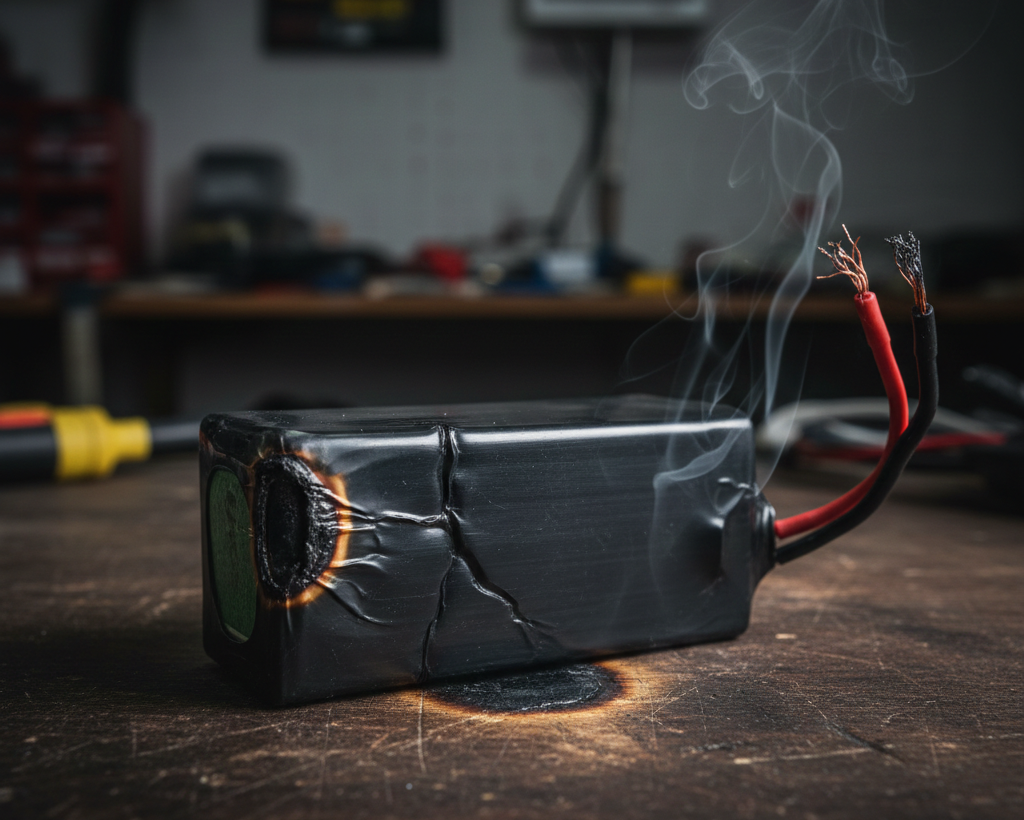 Damaged and smoking battery pack with burnt wires on a workbench.