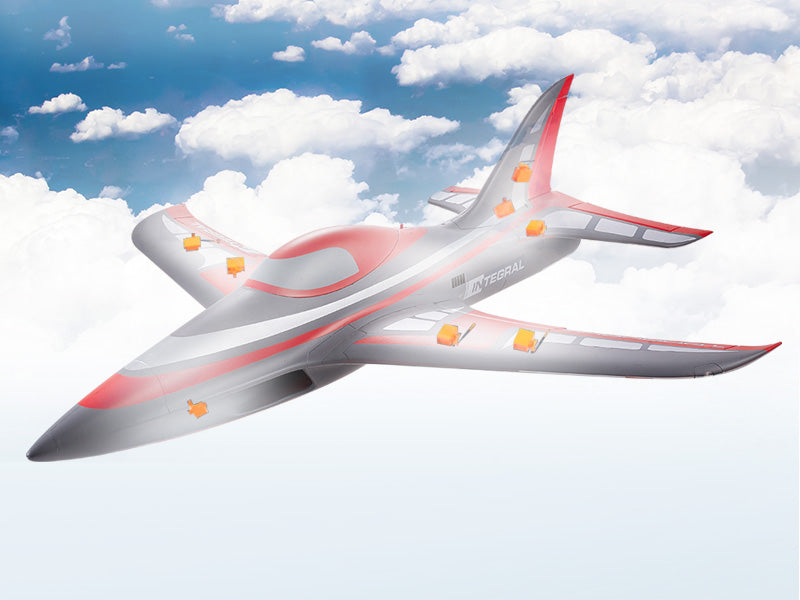 La imagen muestra una aeronave RC de alto rendimiento con un diseño moderno y elegante y un esquema de color rojo y gris, sugiriendo que está diseñada para vuelo acrobático y al aire libre.