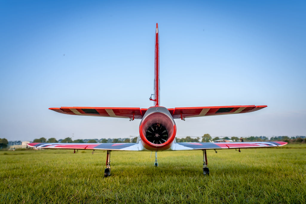 Rear view of the FMS Futura V3 focusing on the large jet nozzle and the symmetrical tail wing assembly