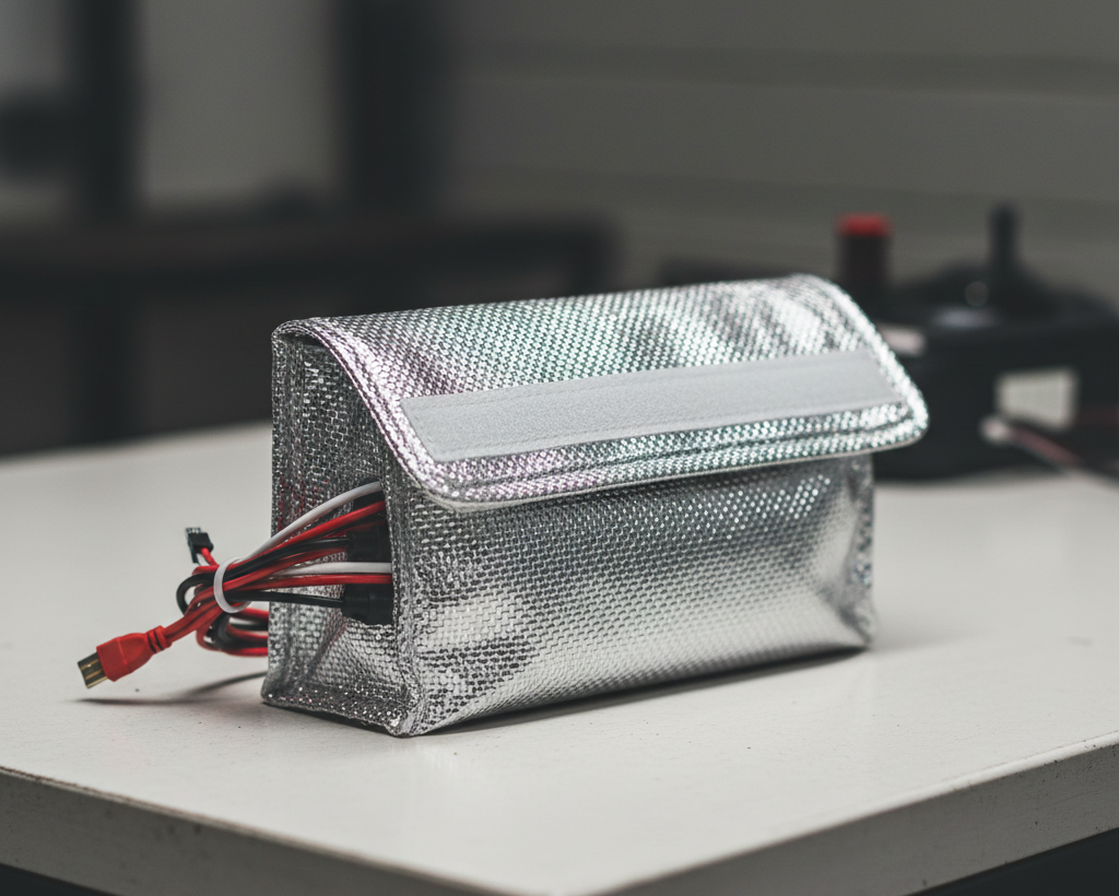 Fire-resistant silver LiPo safe bag for secure RC battery charging to prevent fire hazards.