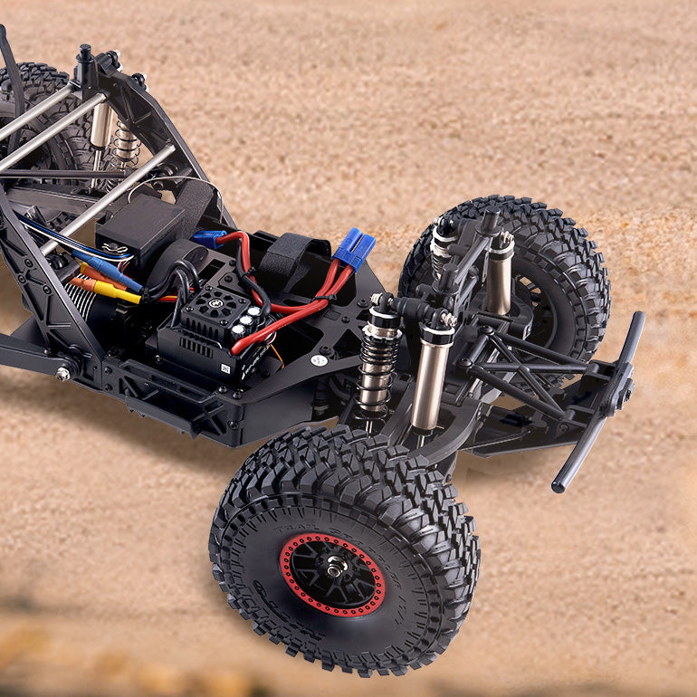 Remote-controlled off-road vehicle with detailed chassis and suspension.