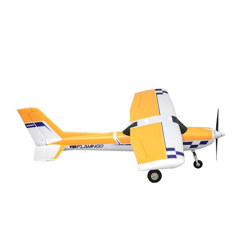 FMS Ranger EP V2 RC airplane in yellow and white with FLAMINGO label on side